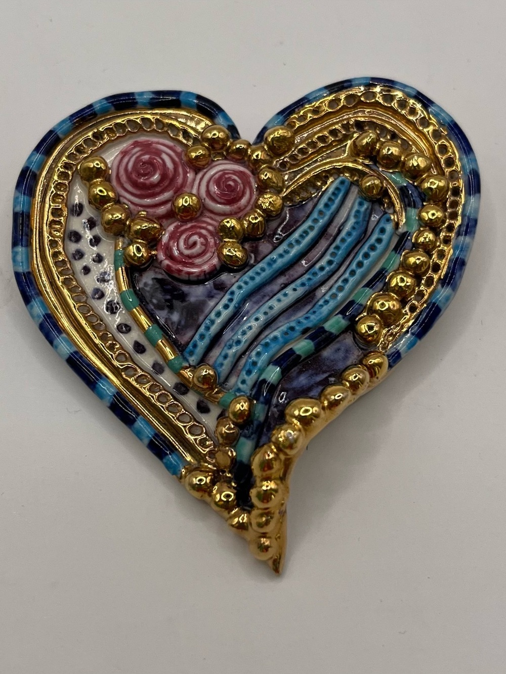 Gold-Tone Heart Brooch with Blue Accents - Women Jewelry